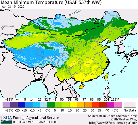 China, Mongolia and Taiwan Mean Minimum Temperature (USAF 557th WW) Thematic Map For 4/18/2022 - 4/24/2022