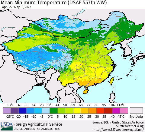 China, Mongolia and Taiwan Mean Minimum Temperature (USAF 557th WW) Thematic Map For 4/25/2022 - 5/1/2022