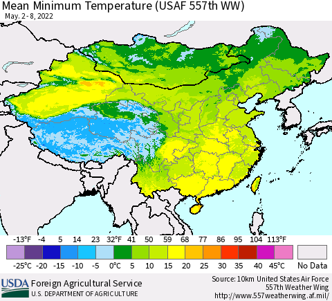 China, Mongolia and Taiwan Mean Minimum Temperature (USAF 557th WW) Thematic Map For 5/2/2022 - 5/8/2022