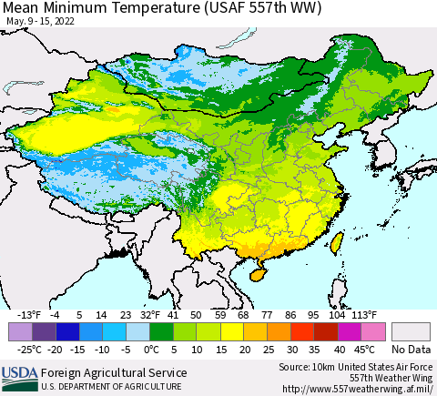 China, Mongolia and Taiwan Mean Minimum Temperature (USAF 557th WW) Thematic Map For 5/9/2022 - 5/15/2022