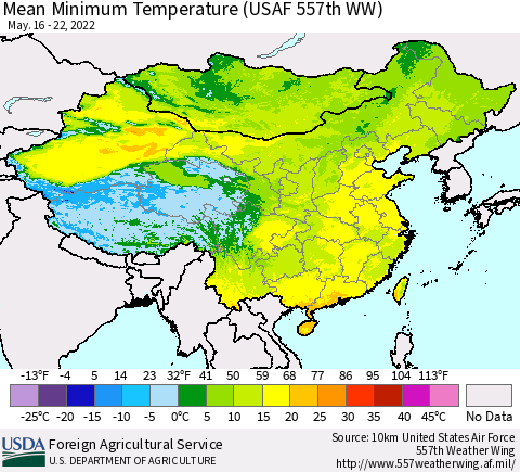 China, Mongolia and Taiwan Mean Minimum Temperature (USAF 557th WW) Thematic Map For 5/16/2022 - 5/22/2022