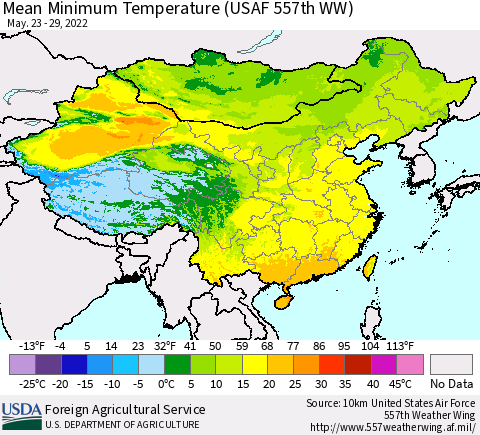 China, Mongolia and Taiwan Mean Minimum Temperature (USAF 557th WW) Thematic Map For 5/23/2022 - 5/29/2022