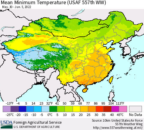 China, Mongolia and Taiwan Mean Minimum Temperature (USAF 557th WW) Thematic Map For 5/30/2022 - 6/5/2022