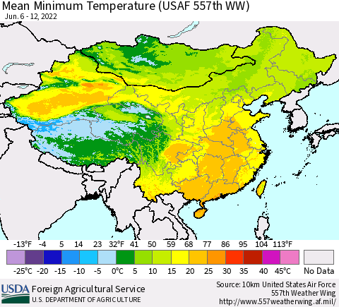 China, Mongolia and Taiwan Mean Minimum Temperature (USAF 557th WW) Thematic Map For 6/6/2022 - 6/12/2022
