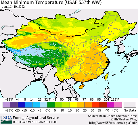 China, Mongolia and Taiwan Mean Minimum Temperature (USAF 557th WW) Thematic Map For 6/13/2022 - 6/19/2022
