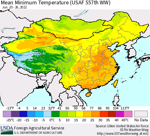 China, Mongolia and Taiwan Mean Minimum Temperature (USAF 557th WW) Thematic Map For 6/20/2022 - 6/26/2022