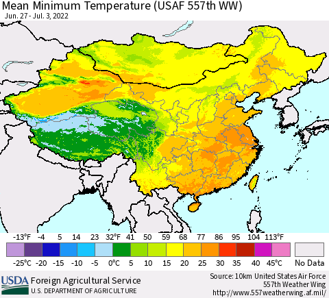China, Mongolia and Taiwan Mean Minimum Temperature (USAF 557th WW) Thematic Map For 6/27/2022 - 7/3/2022