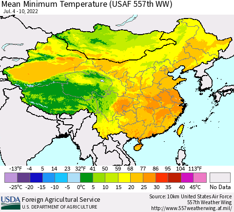 China, Mongolia and Taiwan Mean Minimum Temperature (USAF 557th WW) Thematic Map For 7/4/2022 - 7/10/2022