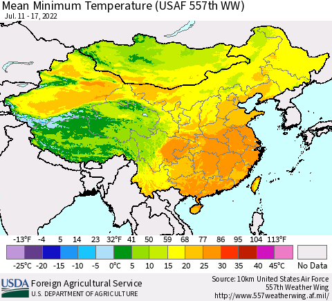 China, Mongolia and Taiwan Mean Minimum Temperature (USAF 557th WW) Thematic Map For 7/11/2022 - 7/17/2022
