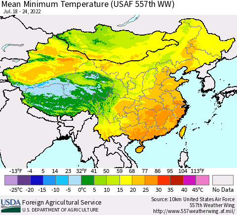 China, Mongolia and Taiwan Mean Minimum Temperature (USAF 557th WW) Thematic Map For 7/18/2022 - 7/24/2022