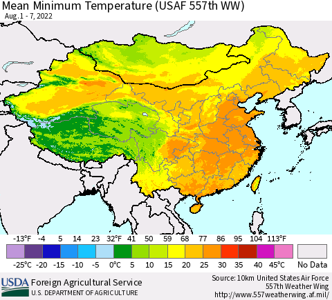 China, Mongolia and Taiwan Mean Minimum Temperature (USAF 557th WW) Thematic Map For 8/1/2022 - 8/7/2022