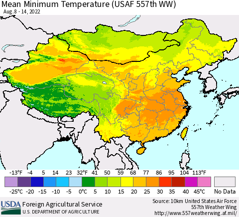 China, Mongolia and Taiwan Mean Minimum Temperature (USAF 557th WW) Thematic Map For 8/8/2022 - 8/14/2022