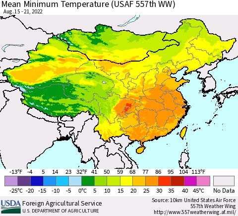 China, Mongolia and Taiwan Mean Minimum Temperature (USAF 557th WW) Thematic Map For 8/15/2022 - 8/21/2022