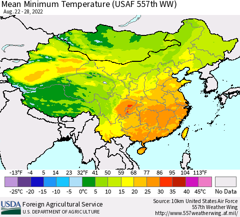 China, Mongolia and Taiwan Mean Minimum Temperature (USAF 557th WW) Thematic Map For 8/22/2022 - 8/28/2022