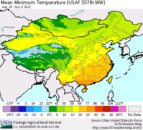 China, Mongolia and Taiwan Mean Minimum Temperature (USAF 557th WW) Thematic Map For 8/29/2022 - 9/4/2022