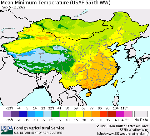 China, Mongolia and Taiwan Mean Minimum Temperature (USAF 557th WW) Thematic Map For 9/5/2022 - 9/11/2022