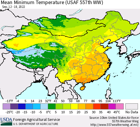 China, Mongolia and Taiwan Mean Minimum Temperature (USAF 557th WW) Thematic Map For 9/12/2022 - 9/18/2022