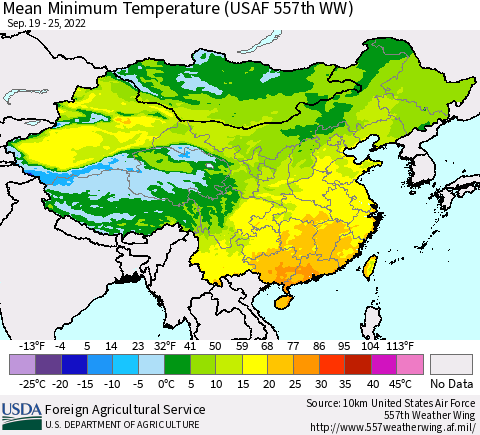 China, Mongolia and Taiwan Mean Minimum Temperature (USAF 557th WW) Thematic Map For 9/19/2022 - 9/25/2022