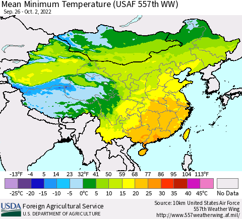 China, Mongolia and Taiwan Mean Minimum Temperature (USAF 557th WW) Thematic Map For 9/26/2022 - 10/2/2022
