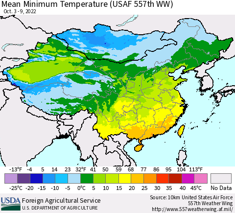 China, Mongolia and Taiwan Mean Minimum Temperature (USAF 557th WW) Thematic Map For 10/3/2022 - 10/9/2022