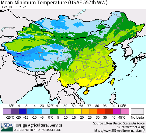China, Mongolia and Taiwan Mean Minimum Temperature (USAF 557th WW) Thematic Map For 10/10/2022 - 10/16/2022