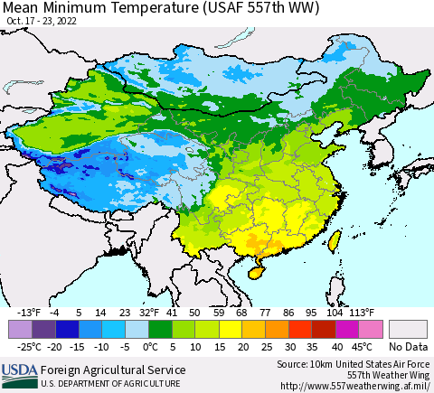 China, Mongolia and Taiwan Mean Minimum Temperature (USAF 557th WW) Thematic Map For 10/17/2022 - 10/23/2022
