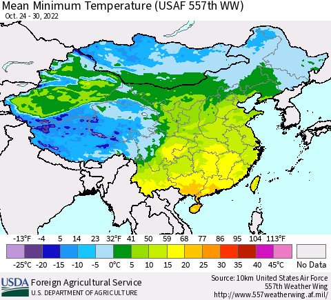 China, Mongolia and Taiwan Mean Minimum Temperature (USAF 557th WW) Thematic Map For 10/24/2022 - 10/30/2022