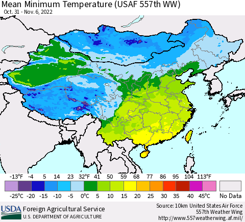 China, Mongolia and Taiwan Mean Minimum Temperature (USAF 557th WW) Thematic Map For 10/31/2022 - 11/6/2022