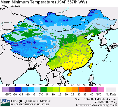 China, Mongolia and Taiwan Mean Minimum Temperature (USAF 557th WW) Thematic Map For 11/7/2022 - 11/13/2022