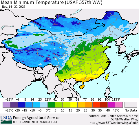 China, Mongolia and Taiwan Mean Minimum Temperature (USAF 557th WW) Thematic Map For 11/14/2022 - 11/20/2022