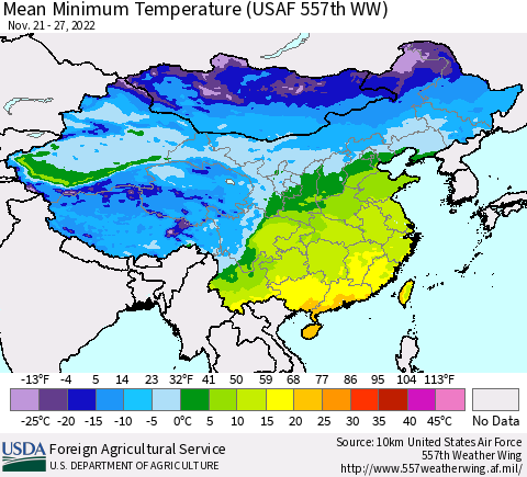 China, Mongolia and Taiwan Mean Minimum Temperature (USAF 557th WW) Thematic Map For 11/21/2022 - 11/27/2022