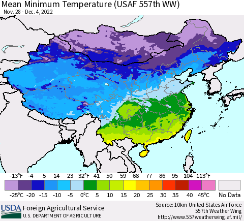 China, Mongolia and Taiwan Mean Minimum Temperature (USAF 557th WW) Thematic Map For 11/28/2022 - 12/4/2022