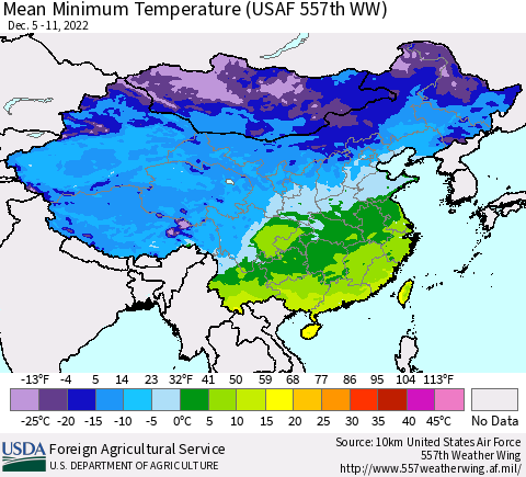 China, Mongolia and Taiwan Mean Minimum Temperature (USAF 557th WW) Thematic Map For 12/5/2022 - 12/11/2022