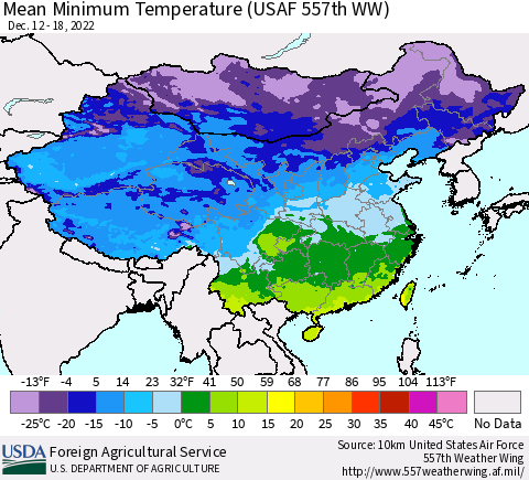 China, Mongolia and Taiwan Mean Minimum Temperature (USAF 557th WW) Thematic Map For 12/12/2022 - 12/18/2022