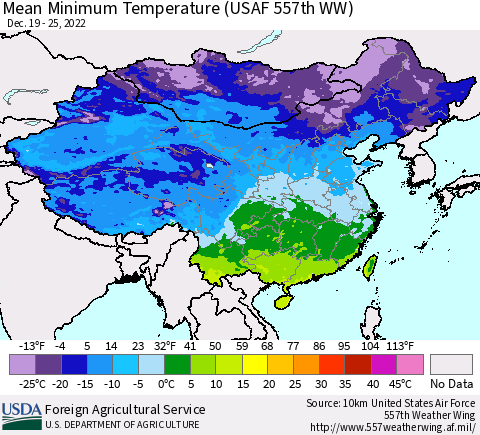 China, Mongolia and Taiwan Mean Minimum Temperature (USAF 557th WW) Thematic Map For 12/19/2022 - 12/25/2022