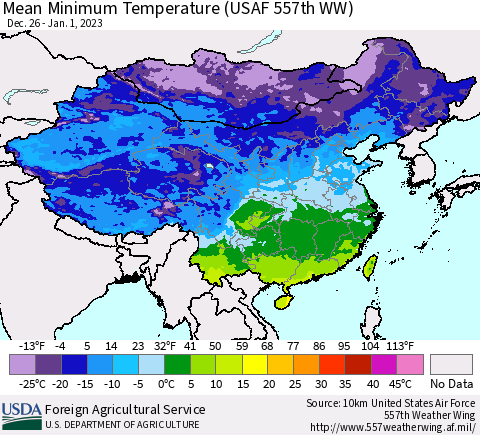 China, Mongolia and Taiwan Mean Minimum Temperature (USAF 557th WW) Thematic Map For 12/26/2022 - 1/1/2023