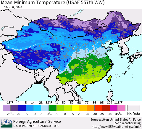 China, Mongolia and Taiwan Mean Minimum Temperature (USAF 557th WW) Thematic Map For 1/2/2023 - 1/8/2023