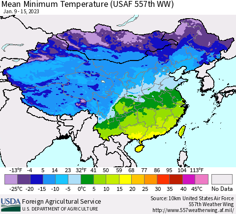 China, Mongolia and Taiwan Mean Minimum Temperature (USAF 557th WW) Thematic Map For 1/9/2023 - 1/15/2023