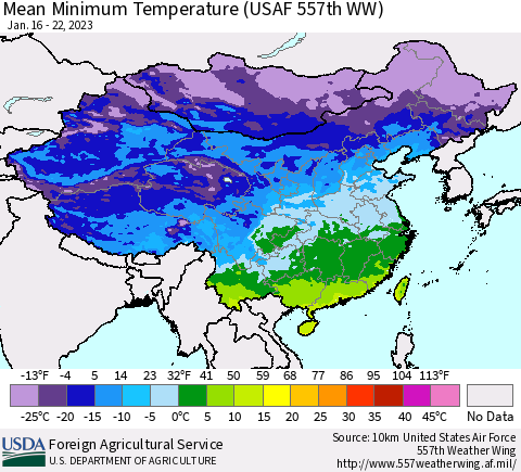 China, Mongolia and Taiwan Mean Minimum Temperature (USAF 557th WW) Thematic Map For 1/16/2023 - 1/22/2023