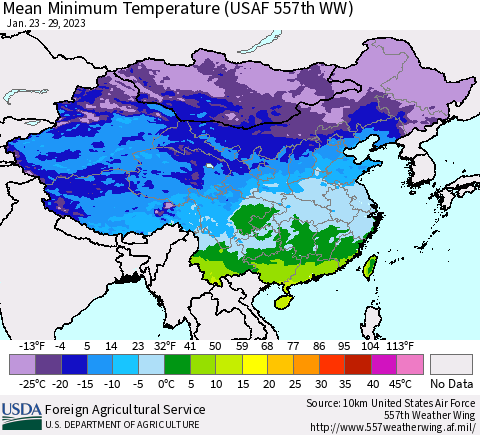 China, Mongolia and Taiwan Mean Minimum Temperature (USAF 557th WW) Thematic Map For 1/23/2023 - 1/29/2023