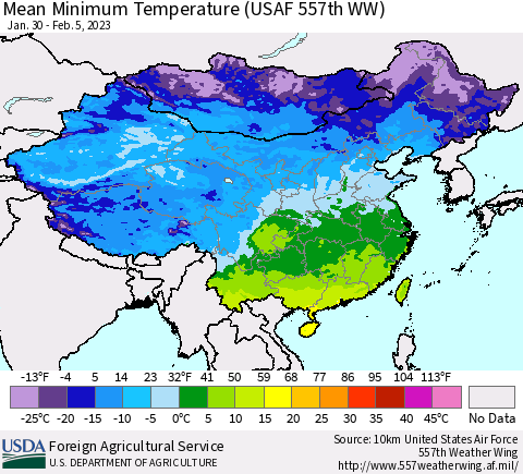 China, Mongolia and Taiwan Mean Minimum Temperature (USAF 557th WW) Thematic Map For 1/30/2023 - 2/5/2023