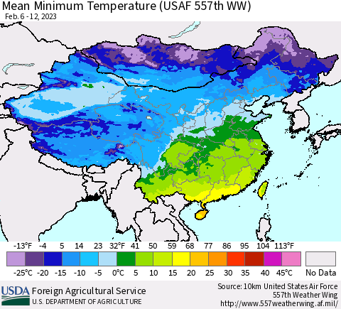 China, Mongolia and Taiwan Mean Minimum Temperature (USAF 557th WW) Thematic Map For 2/6/2023 - 2/12/2023