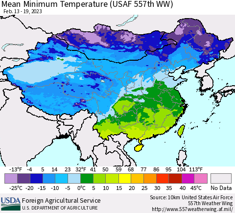 China, Mongolia and Taiwan Mean Minimum Temperature (USAF 557th WW) Thematic Map For 2/13/2023 - 2/19/2023