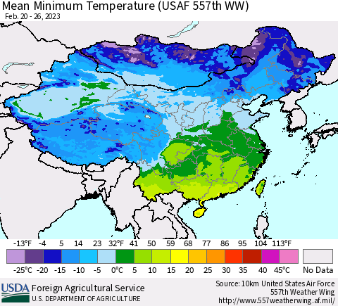 China, Mongolia and Taiwan Mean Minimum Temperature (USAF 557th WW) Thematic Map For 2/20/2023 - 2/26/2023