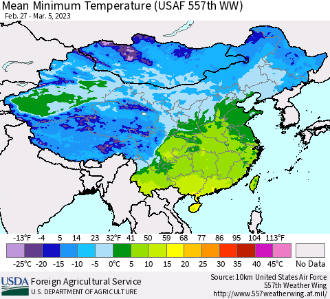 China, Mongolia and Taiwan Mean Minimum Temperature (USAF 557th WW) Thematic Map For 2/27/2023 - 3/5/2023