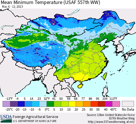 China, Mongolia and Taiwan Mean Minimum Temperature (USAF 557th WW) Thematic Map For 3/6/2023 - 3/12/2023