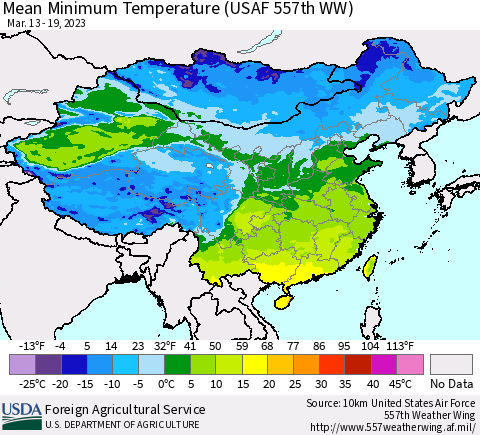 China, Mongolia and Taiwan Mean Minimum Temperature (USAF 557th WW) Thematic Map For 3/13/2023 - 3/19/2023