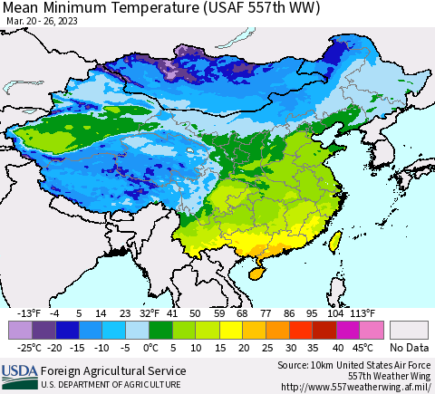 China, Mongolia and Taiwan Mean Minimum Temperature (USAF 557th WW) Thematic Map For 3/20/2023 - 3/26/2023