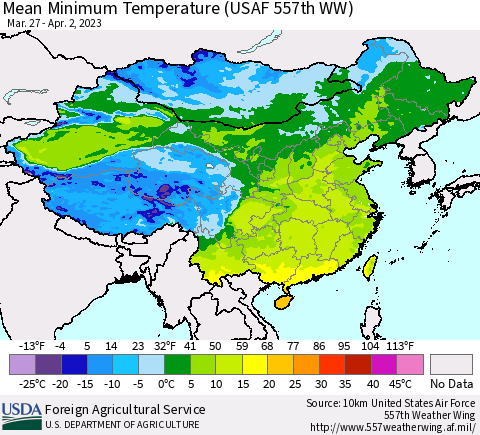 China, Mongolia and Taiwan Mean Minimum Temperature (USAF 557th WW) Thematic Map For 3/27/2023 - 4/2/2023