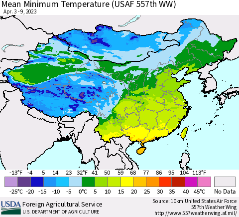 China, Mongolia and Taiwan Mean Minimum Temperature (USAF 557th WW) Thematic Map For 4/3/2023 - 4/9/2023